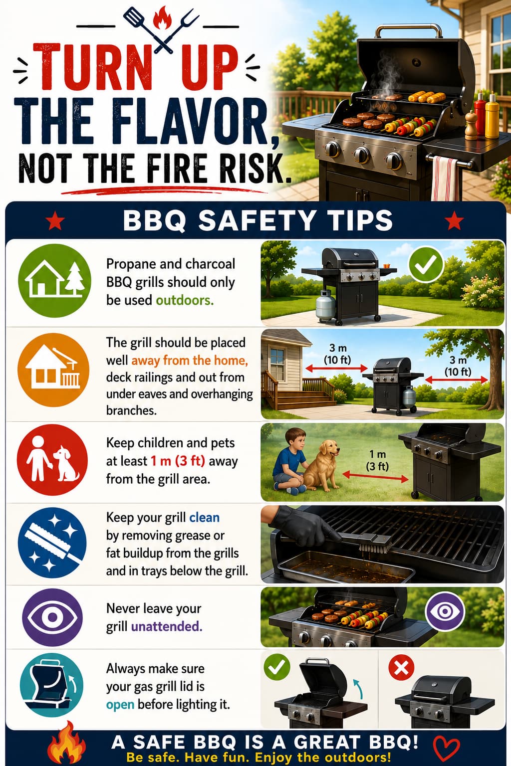 BBQ safety tips poster from the New Brunswick Office of the Fire Marshal: use propane and charcoal grills outdoors only; keep the grill 3 m (10 ft) from the home, railings and branches; keep children and pets at least 1 m (3 ft) away; keep the grill clean of grease; never leave it unattended; open the gas lid before lighting.
