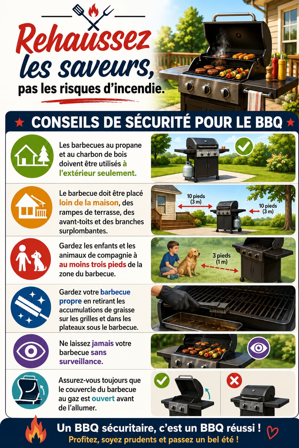 Affiche de conseils de sécurité pour le BBQ du Bureau du prévôt des incendies du Nouveau-Brunswick : utiliser les barbecues au propane et au charbon à l'extérieur seulement; placer le barbecue à 3 m (10 pi) de la maison, des rampes et des branches; garder enfants et animaux à au moins 1 m (3 pi); garder le barbecue propre; ne jamais le laisser sans surveillance; ouvrir le couvercle du barbecue au gaz avant de l'allumer.