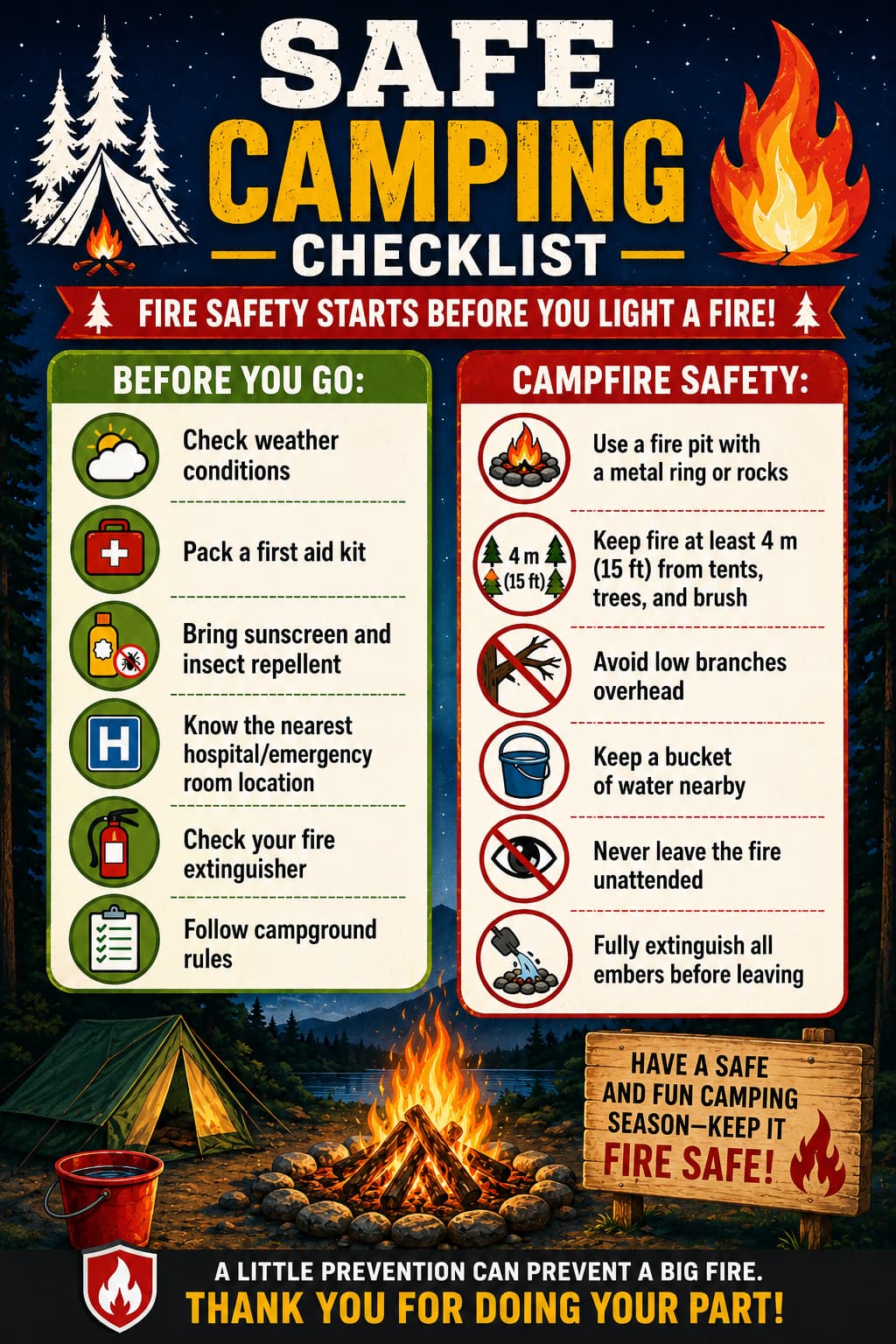 Safe camping checklist poster from the New Brunswick Office of the Fire Marshal: before you go, check the weather, pack a first aid kit, bring sunscreen and insect repellent, know the nearest hospital, check your fire extinguisher and follow campground rules; for campfire safety, use a fire pit with a metal ring or rocks, keep the fire 4 m (15 ft) from tents and brush, avoid low branches, keep a bucket of water nearby, never leave the fire unattended, and fully extinguish all embers before leaving.
