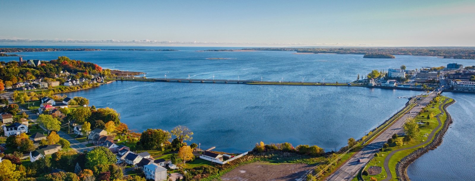 Aerial view of the Bathurst waterfront and Chaleur Bay in the fall